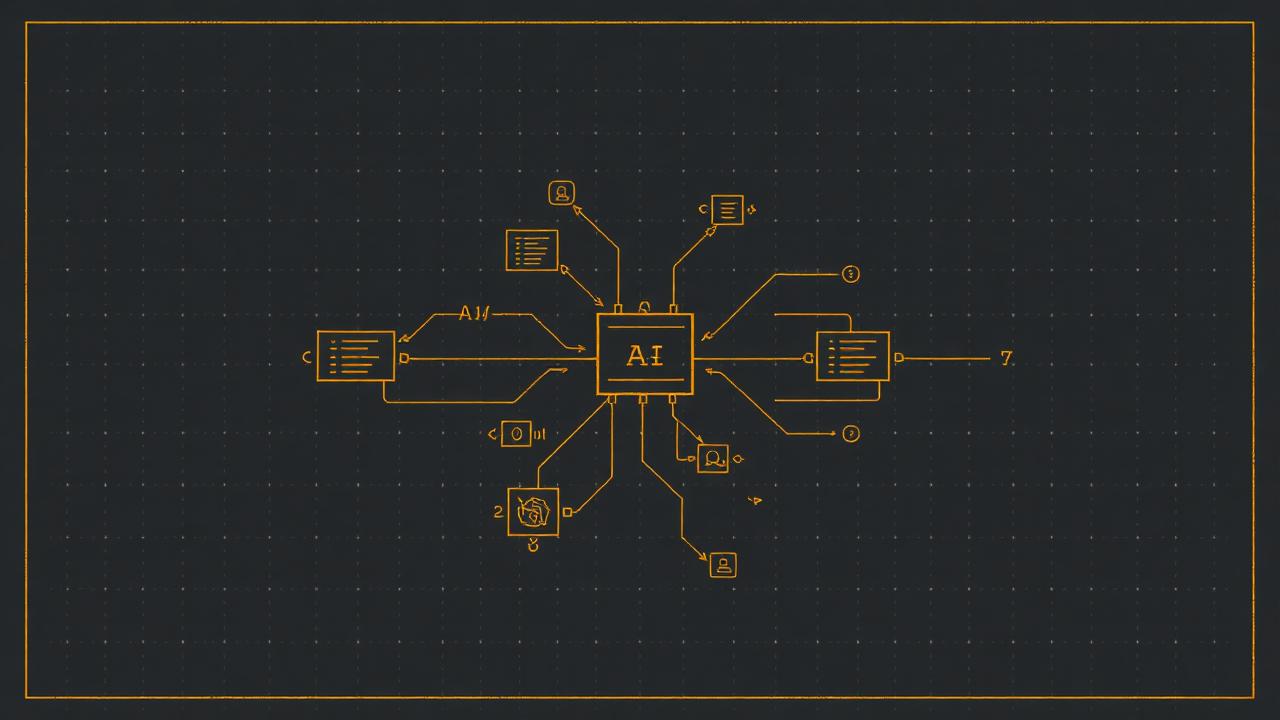 Editorial blueprint of an AI agent network — interconnected nodes, code brackets, and software modules drawn as a technical engineering diagram.
