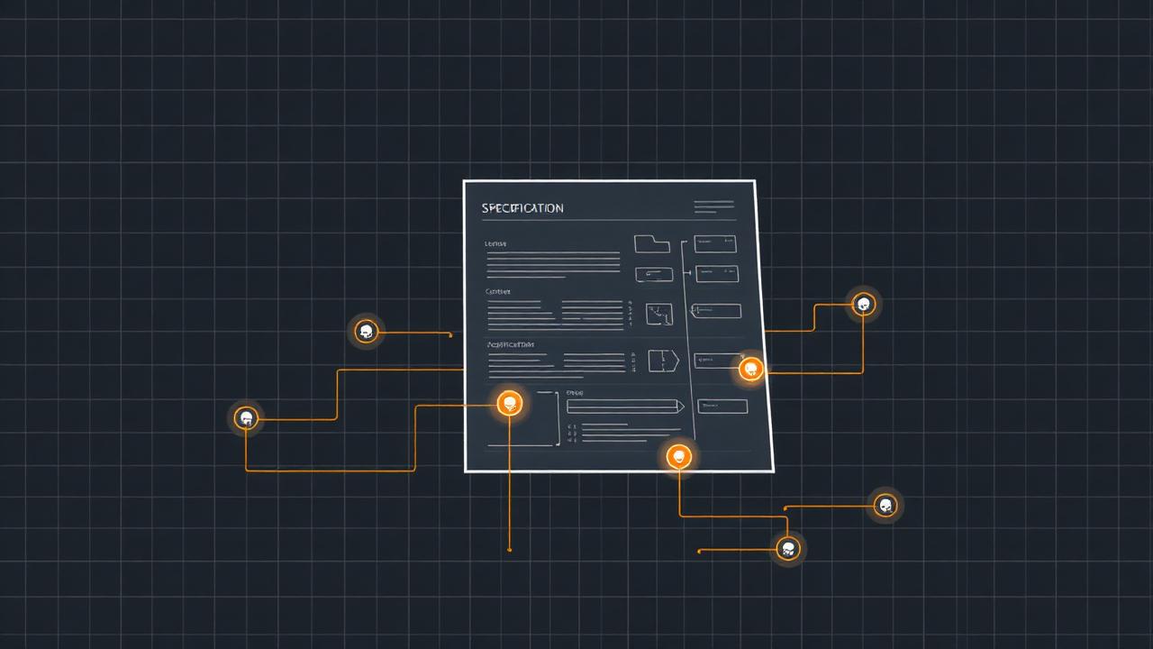 Blueprint-style illustration of a specification document wired to autonomous coding agents