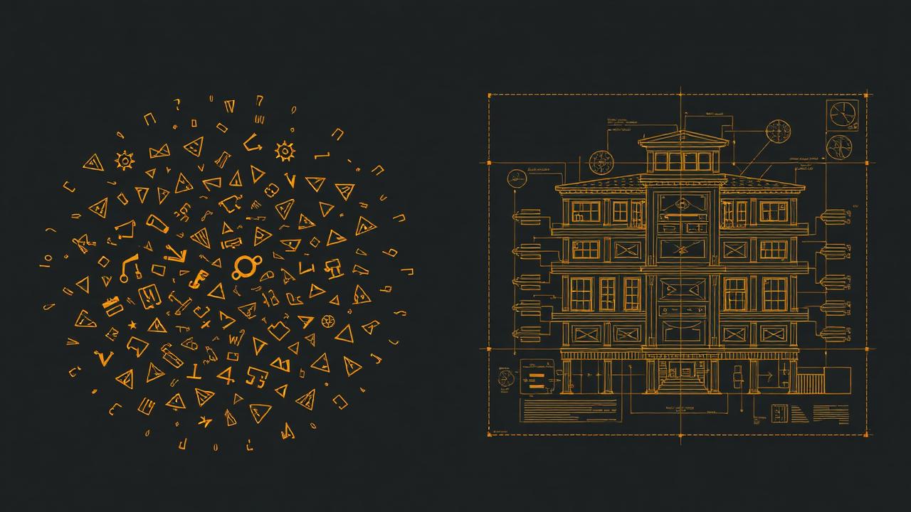 Blueprint comparing a chaotic tangle of broken code on the left with a clean architectural diagram of tested, structured modules on the right.